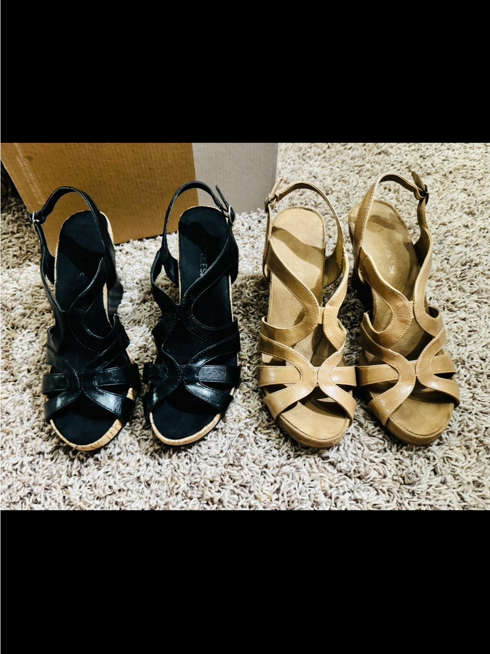 TWO AEROSOLES Women's Black Tan Wedge Strappy Sandals *Comfort Memory Foam*